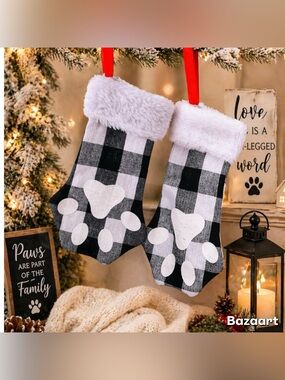 2pc 8” buffalo plaid Black white PAW faux fur Pet  Christmas stocking